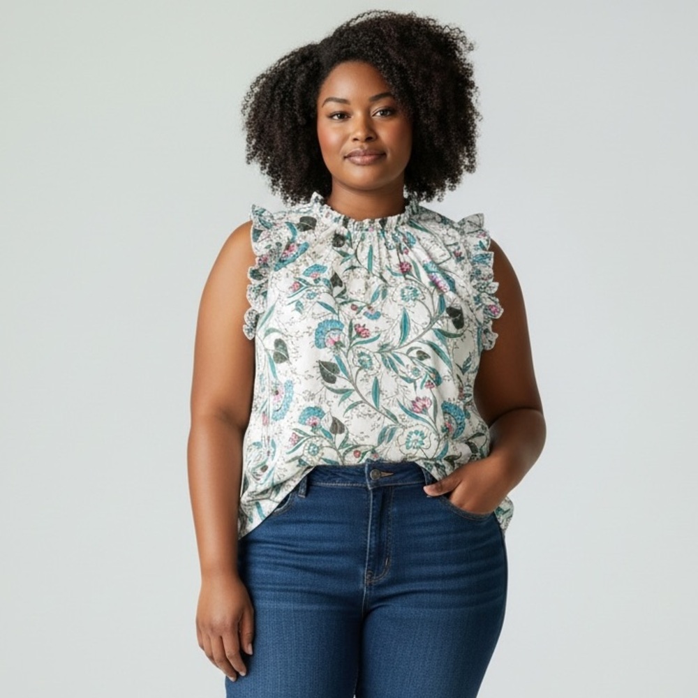 Loft Floral Blouse with Ruffle Sleeves / Size XL